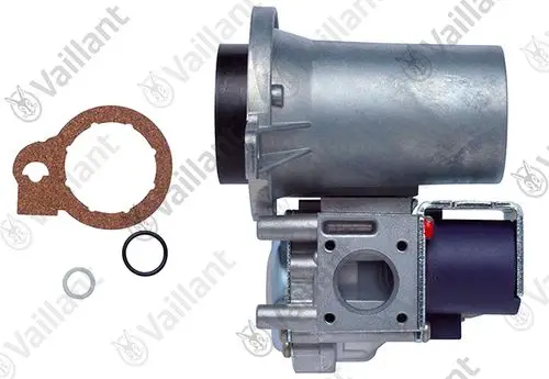 Vaillant Gasarmatur mit Dichtungen, einschließlich einer o-ring und einer Dichtung. Die Armatur ist aus Metall und hat eine runde Öffnung auf der Vorderseite.